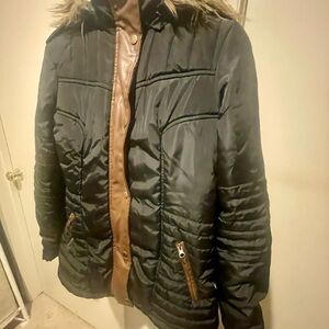 Miss London Black & Brown Puffer Jacket w/Fur-trimmed Hood